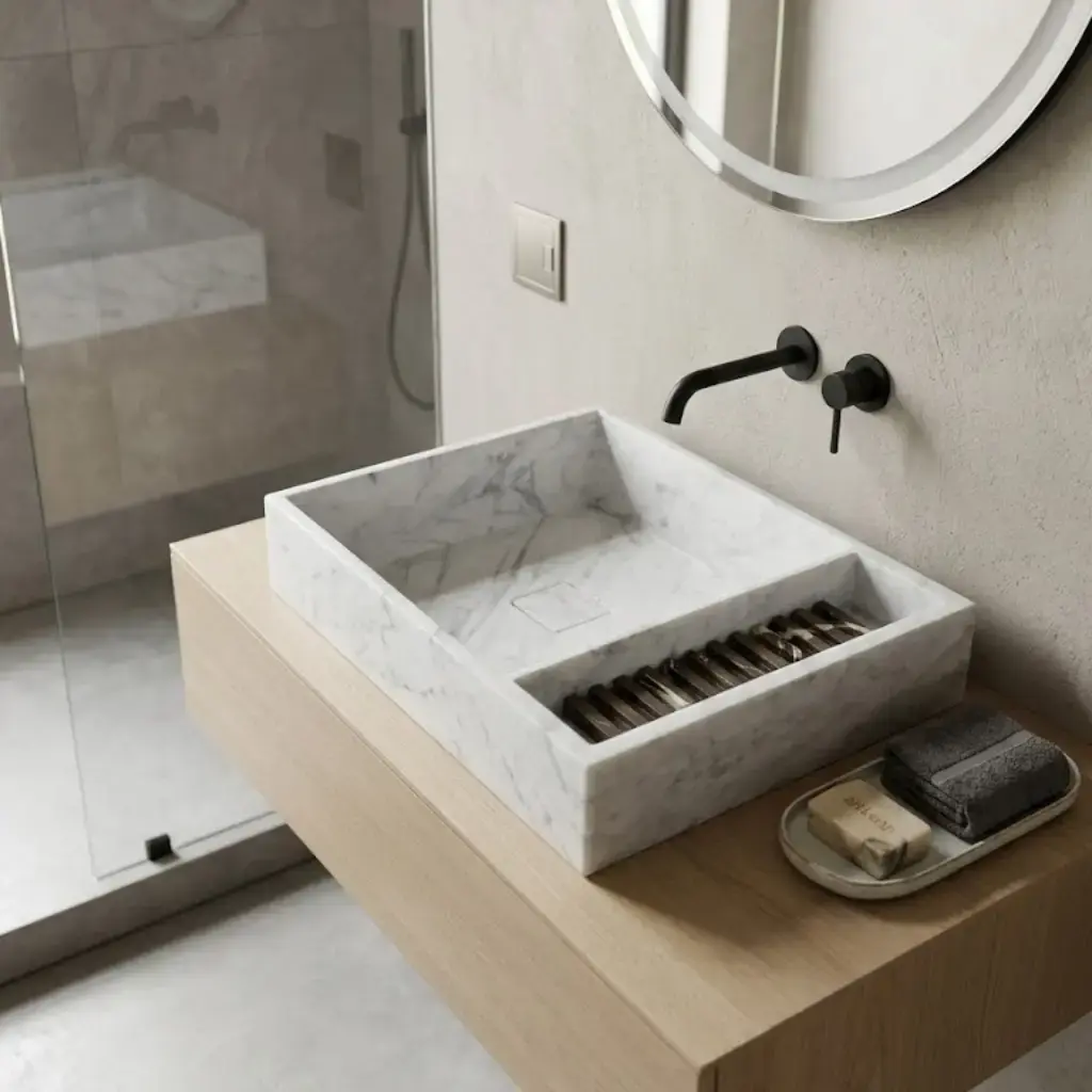 Vasque rectangulaire en marbre blanc Carrara, finition polie, avec zone porte-savon rainurée, veines grises naturelles visibles.