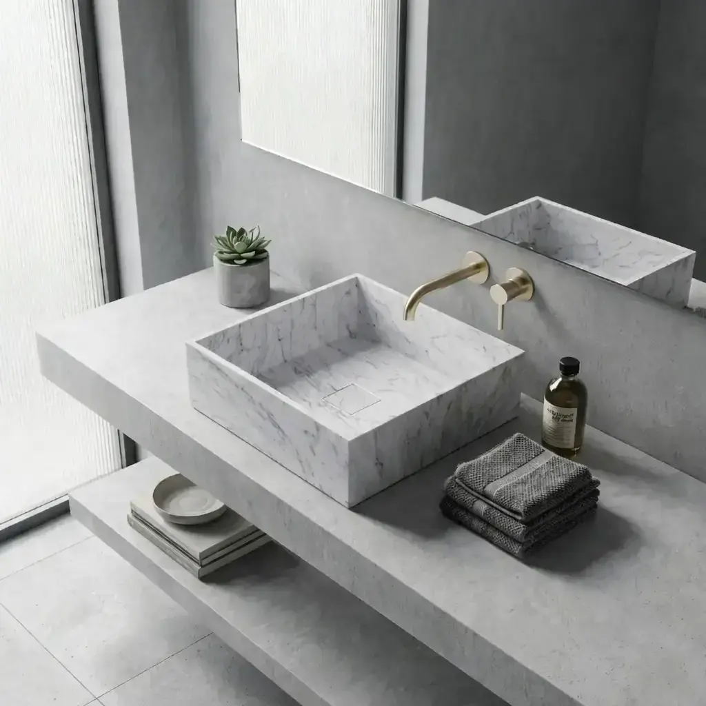 Vasque carrée à poser 40x40x12 cm en marbre Carrara véritable, blanc veiné de gris.