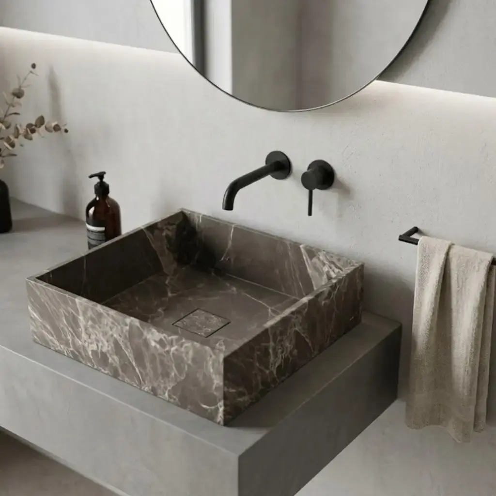 Vasque carrée en marbre marron naturel, finition mate, aux veines délicates et teinte minérale élégante.