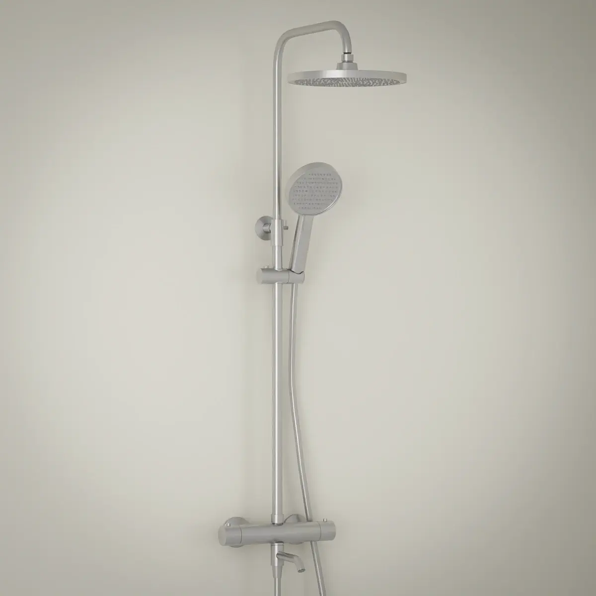 Colonne de bain-douche thermostatique Madeleine finition PVD silver white avec mitigeur de précision et douche de tête.