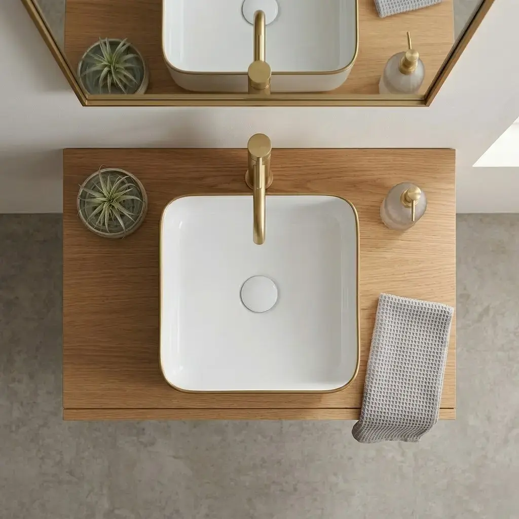 Vasque à poser, 38,5x38,5 cm, céramique avec liseré doré, Line