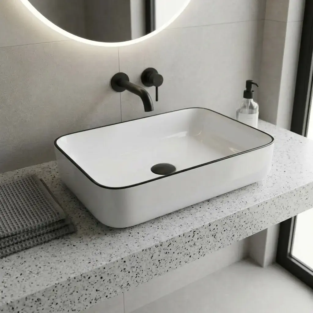 Vasque à poser, 50x39 cm, Blanc avec liseré noir, Line