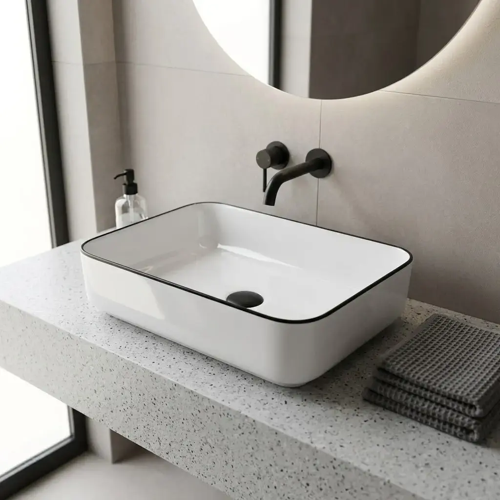 Vasque à poser, 50x39 cm, Blanc avec liseré noir, Line