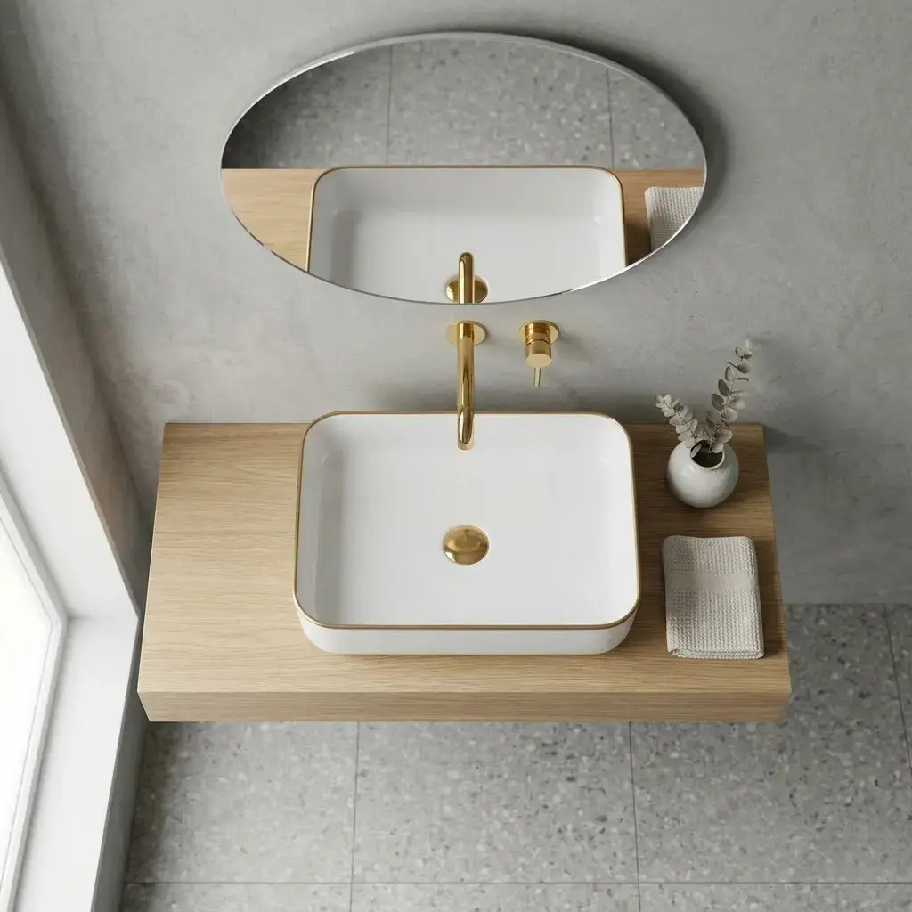 Vasque à poser, 50x39 cm, céramique avec liseré doré, 3 couleurs, Line