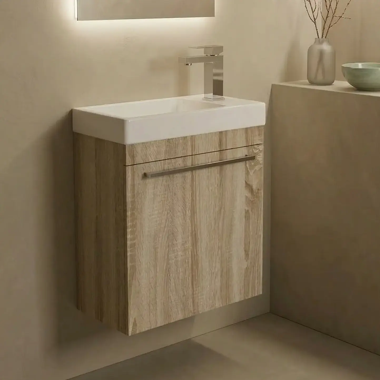 Meuble lave-mains bois et vasque en résine blanche, 44cm, Mini