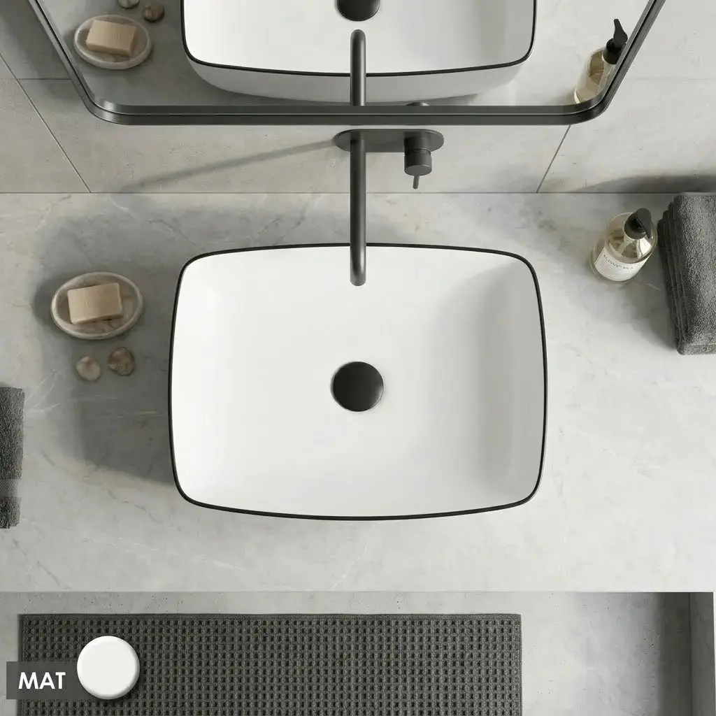 Vasque à poser 58 x 41 cm rectangulaire, céramique, Blanc mat et liseré noir, made in France, Fil