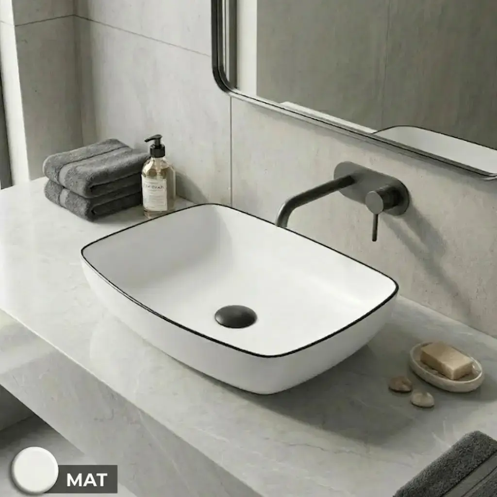 Vasque à poser 58 x 41 cm rectangulaire, céramique, Blanc mat et liseré noir, made in France, Fil