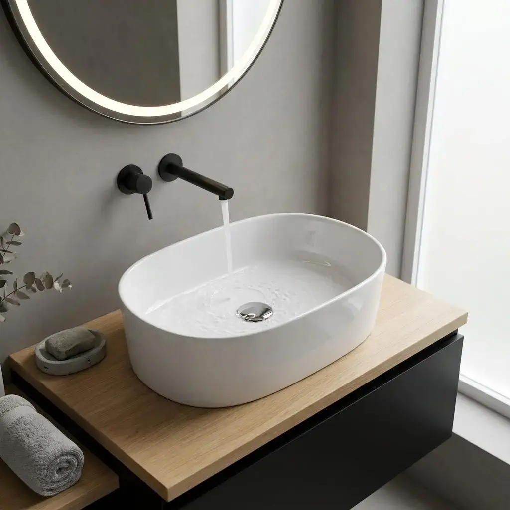 Vasque à poser oblongue 55 cm en céramique blanc brillant – design moderne et facile d’entretien.