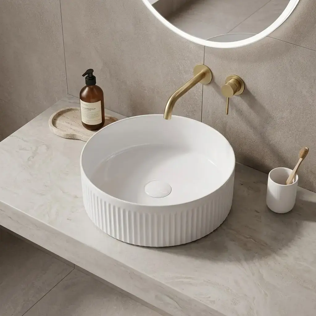 Vasque à poser cannelée, 36 cm, blanc brillant