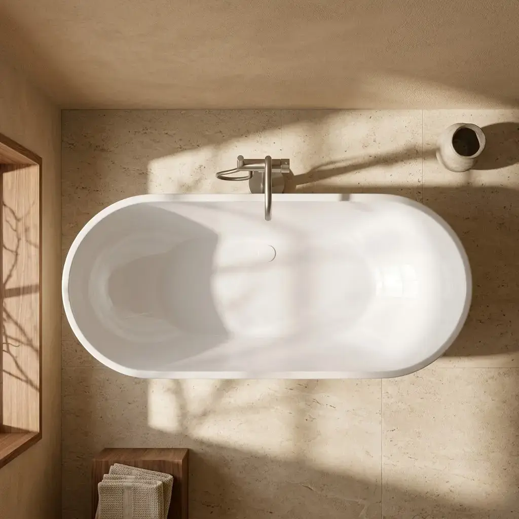 Baignoire îlot ovale, 130 à 180cm, acrylique, bonde blanche et vidage inclus, Calipso