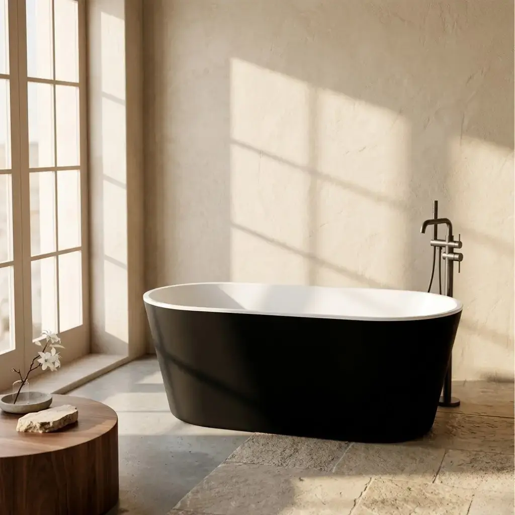 Baignoire îlot ovale, 159x75cm, acrylique noir et blanc brillant, Como