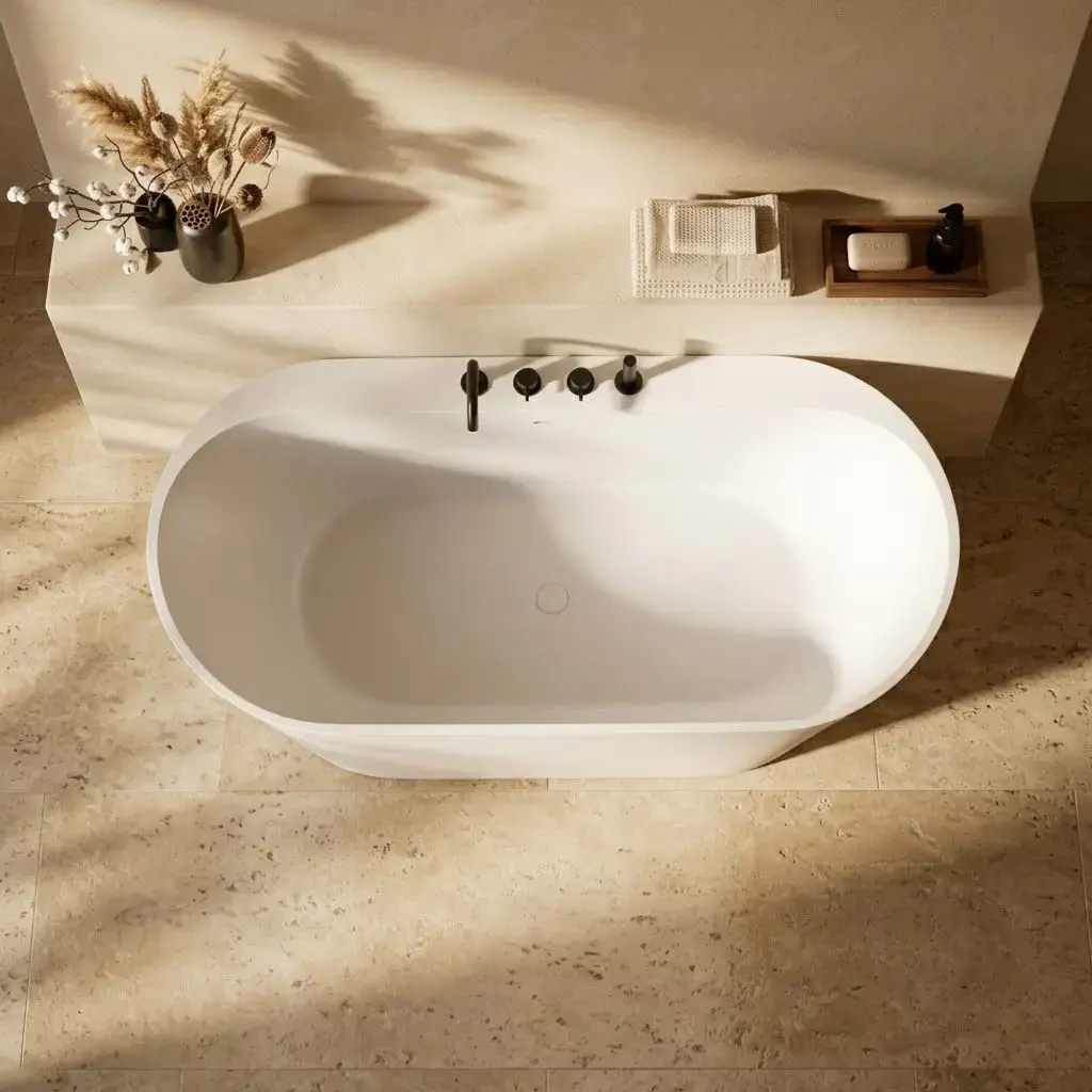 Baignoire îlot ovale avec plage, 170x80cm, acrylique blanc mat, Lou