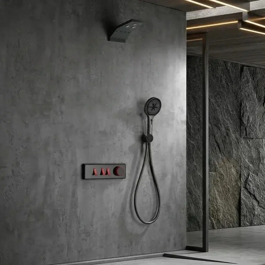 Set de douche encastré thermostatique Gun Métal et Rouge avec pomme de tête 2 jets, douchette et plaque murale Carbone.