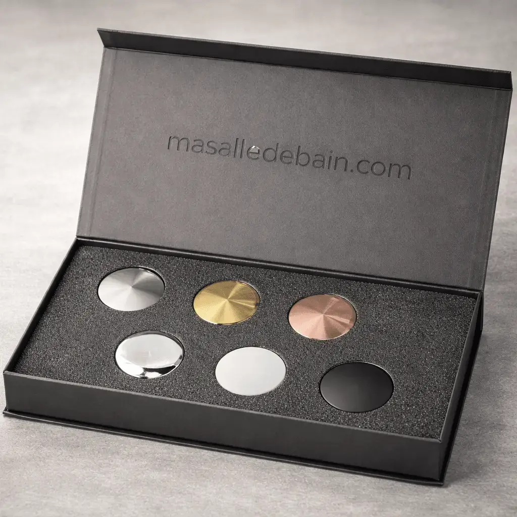 Boîte complète d’échantillons finitions Châtelet avec différents coloris de robinetterie