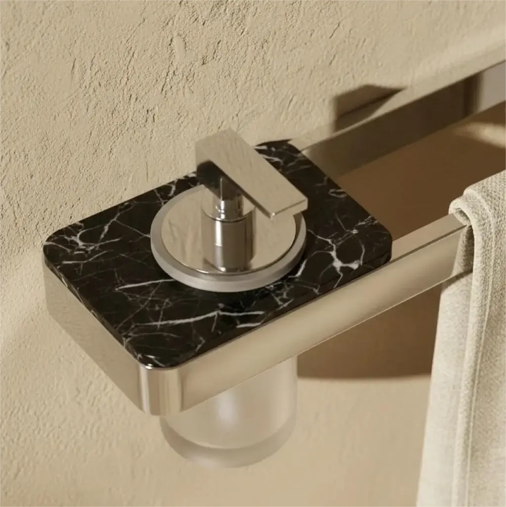 Barre porte serviette 45cm avec distributeur de savon, finition marbre noir, Infinity Elements (1) (1).webp