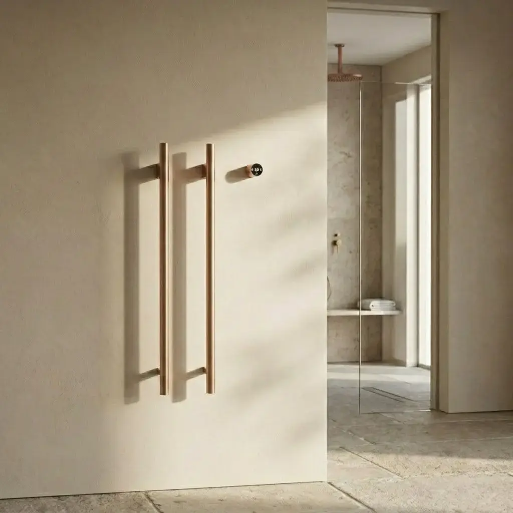 Sèche-serviettes électrique vertical 45W finition doré rose brossé Ondia