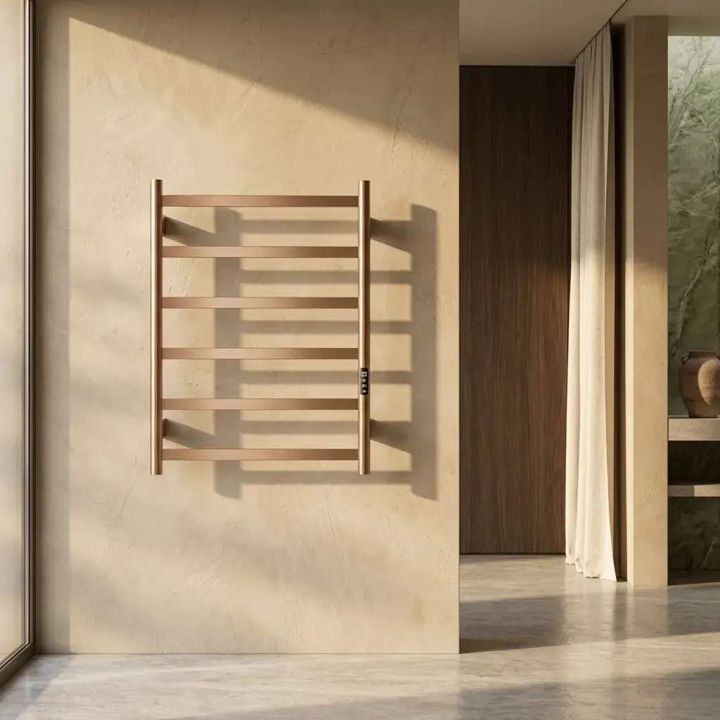 Sèche serviette avec 6 barres à inertie sèche en doré rose brossé avec programmateur