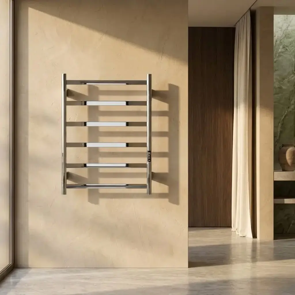 Sèche serviette avec 6 barres à inertie sèche en inox brossé avec programmateur