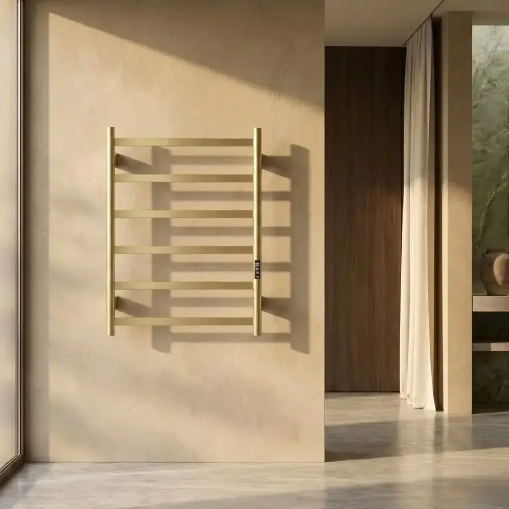 Sèche serviette avec 6 barres à inertie sèche en doré brossé avec programmateur