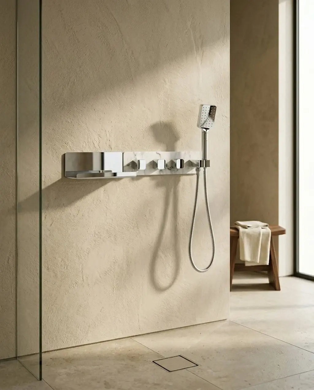 Mitigeur thermostatique douche encastré 5 voies, finition marbre blanc,  Infinity Elements