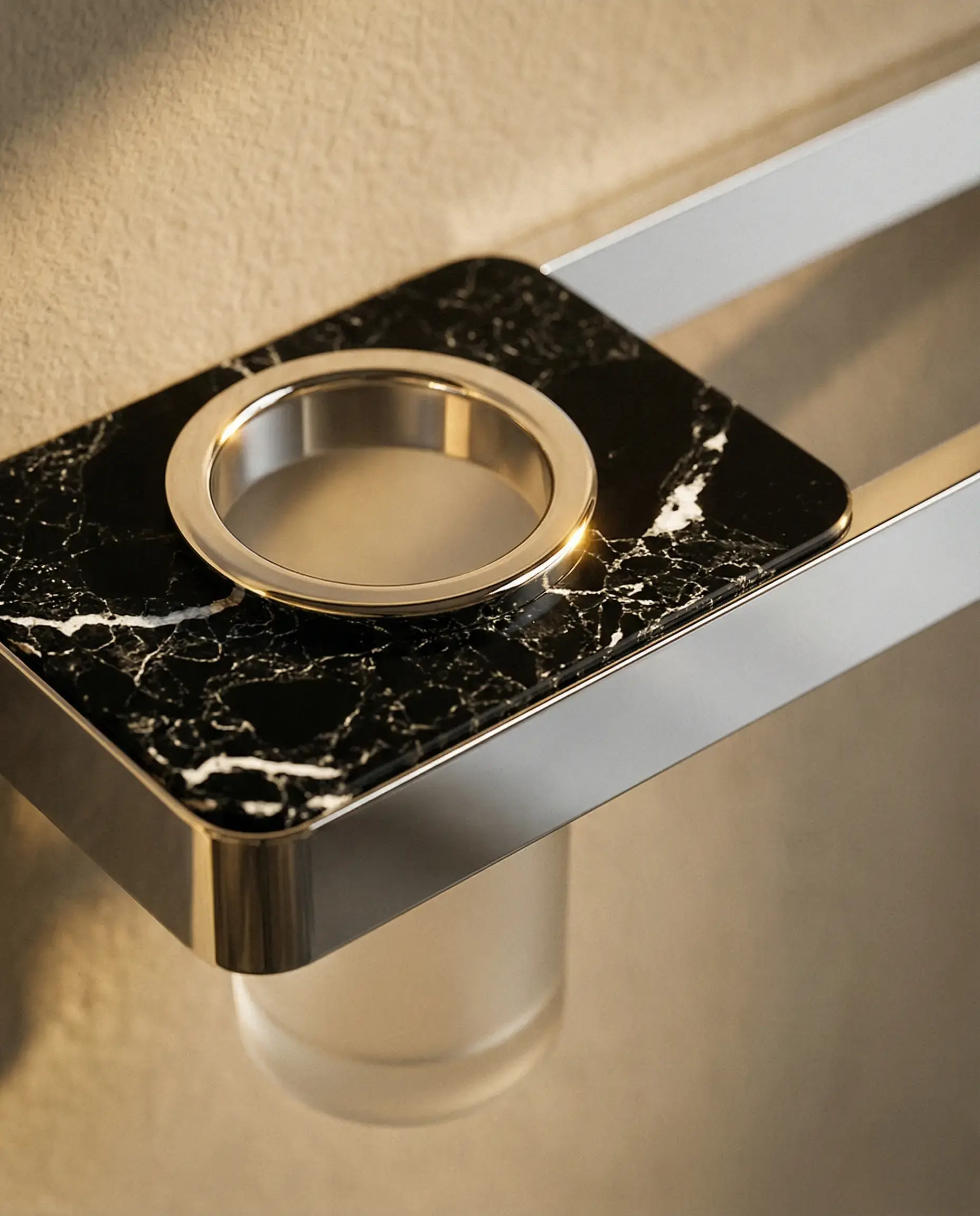 Barre porte serviette 45cm avec porte gobelet, finition marbre noir, Infinity Elements