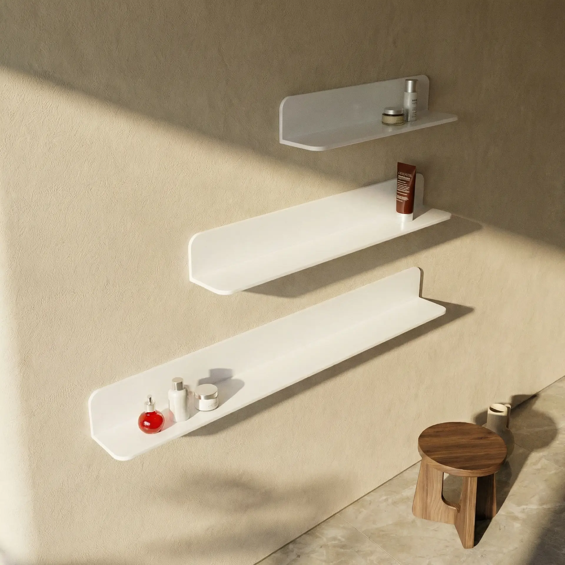 Etagère murale, 90 à 120 cm, blanc mat, Solid surface