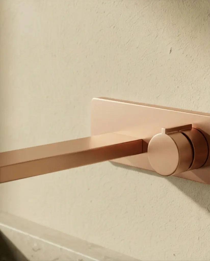 Robinet mitigeur lavabo mural encastré or rose mat, Carrousel.webp