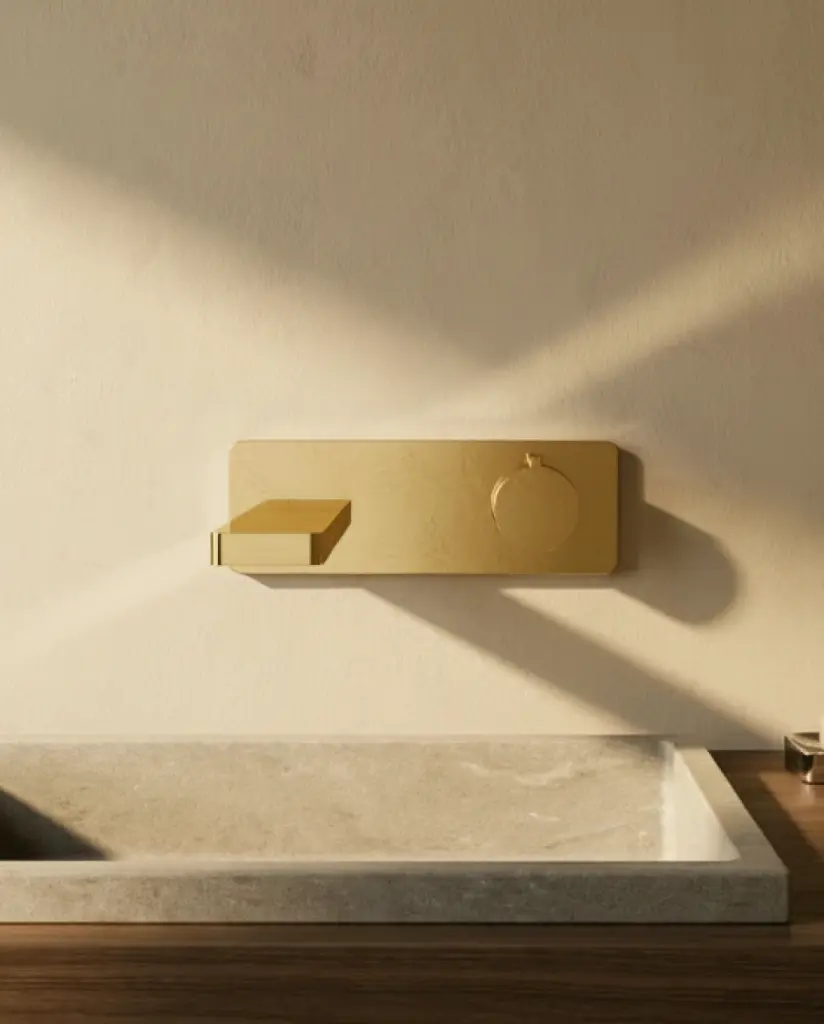 Robinet mitigeur lavabo mural encastré doré brossé, Carrousel (7).webp