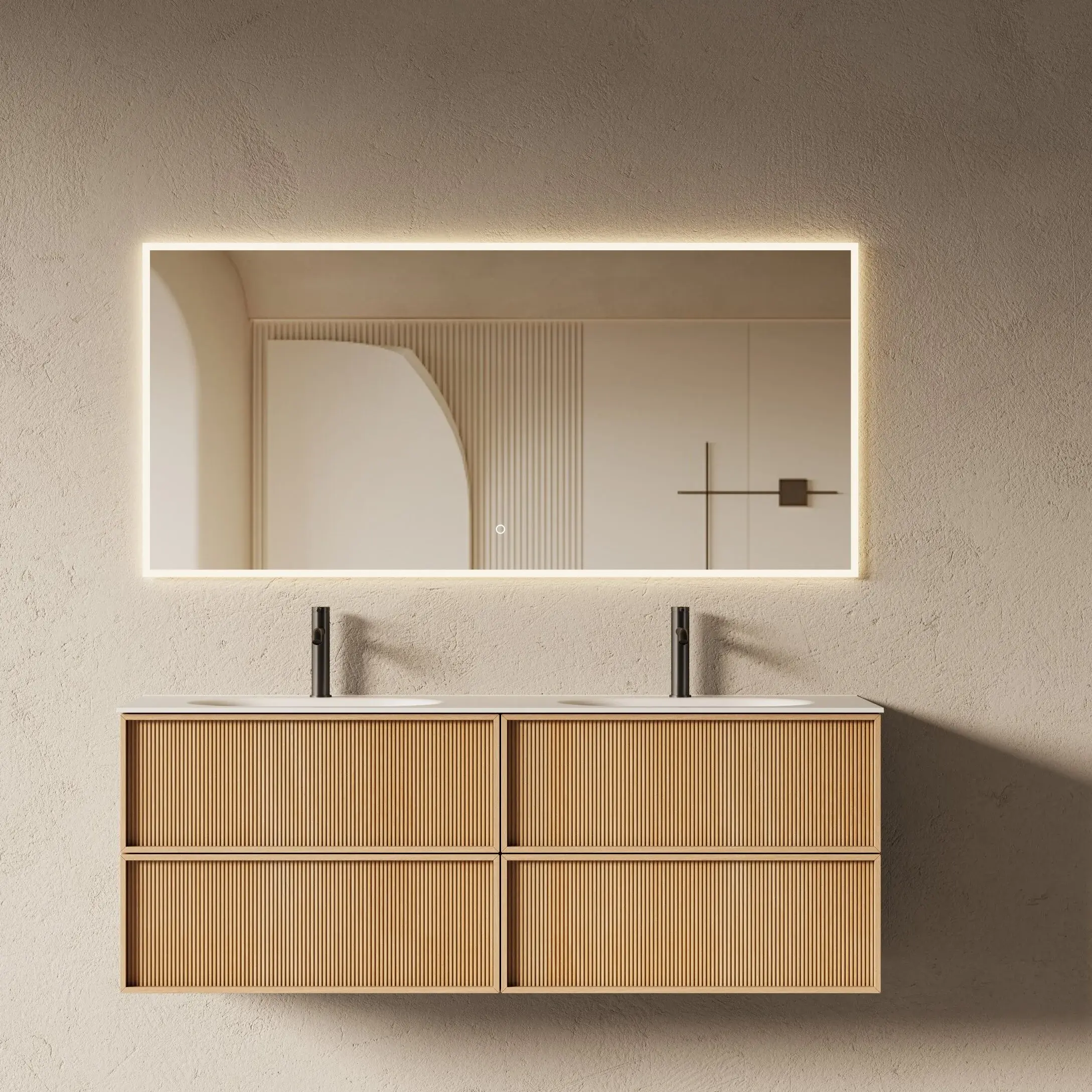 Meuble salle de bain 150cm suspendu en chêne naturel avec façade cannelée et plan double vasque résine minérale mate