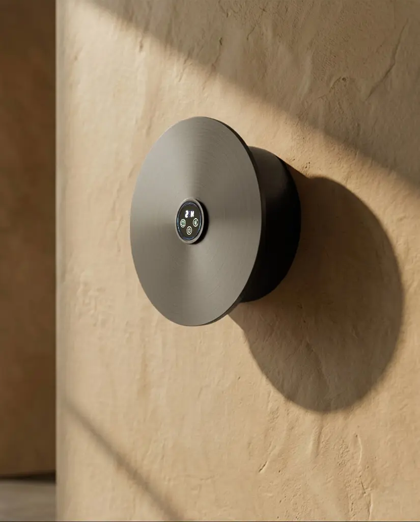 Sèche-serviettes électrique mural de forme ronde diamètre 21cm, finition métal brossé sombre (Gun Métal).