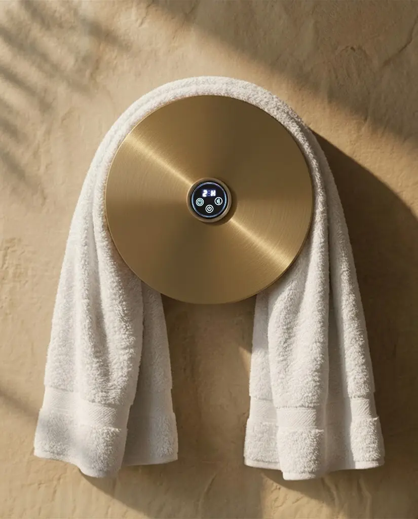 Sèche serviette électrique rond, diamètre 21cm, doré brossé, Disc (4).webp