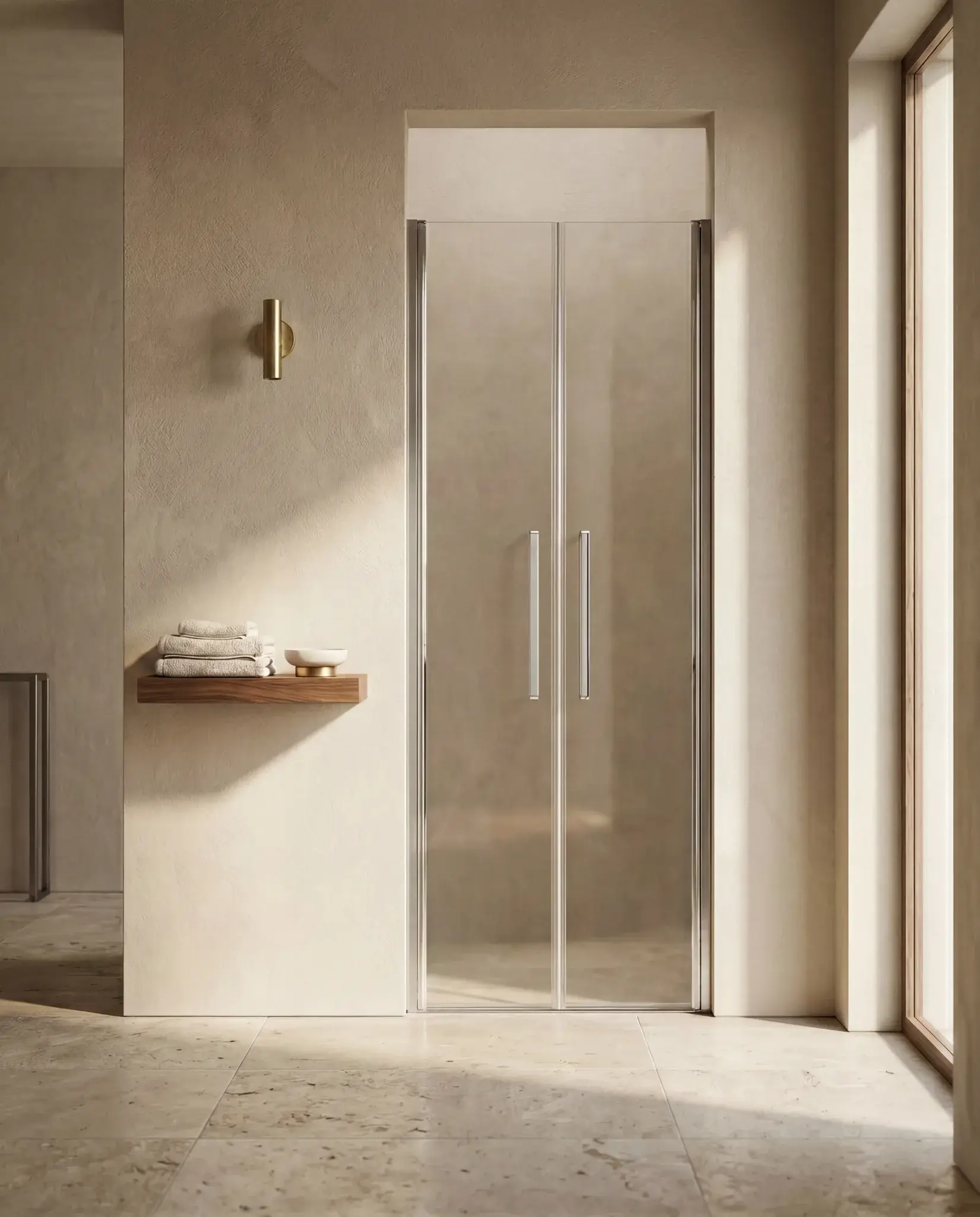 Paroi de douche saloon sur mesure chromé avec deux portes battantes ouverture intérieure et extérieure
