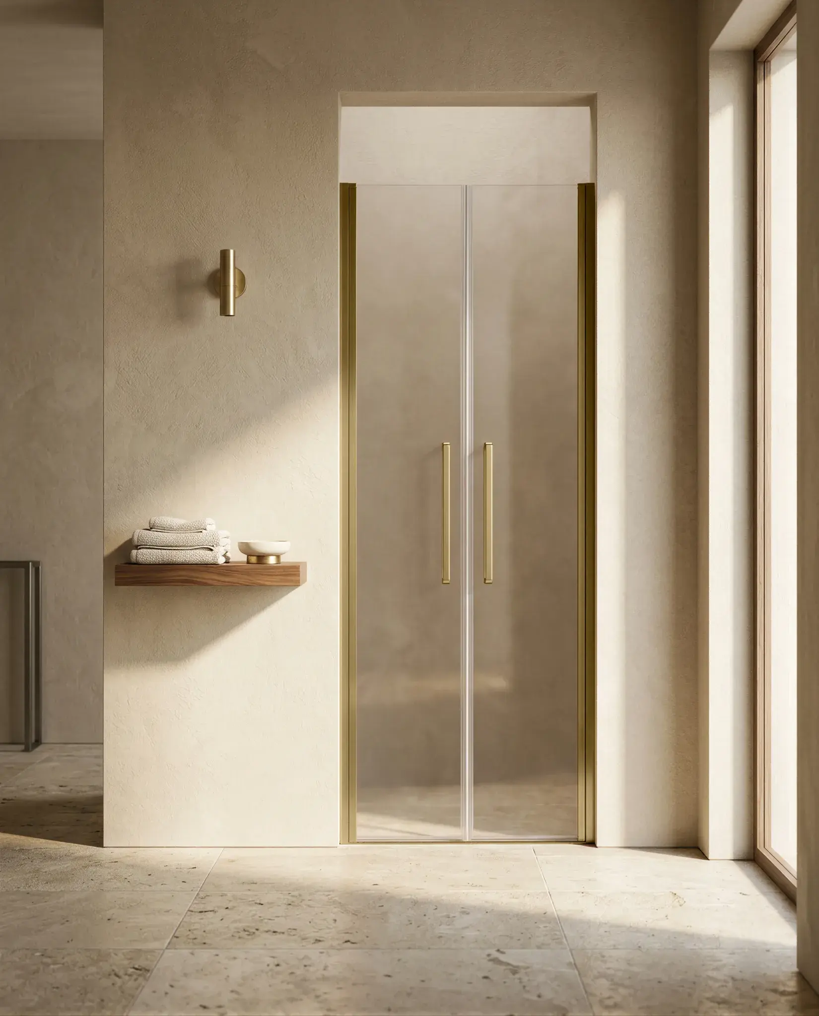 Porte de douche saloon, Sur-mesure de 58 à 95,5 cm, Doré brossé, Regia (2).webp