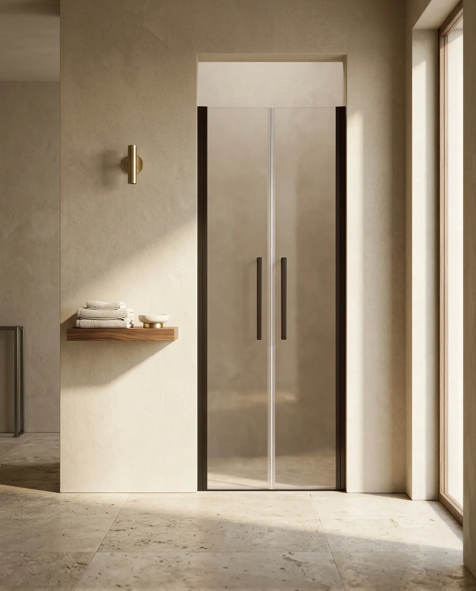 Paroi de douche saloon sur mesure noir brossé avec deux portes battantes ouverture intérieure et extérieure