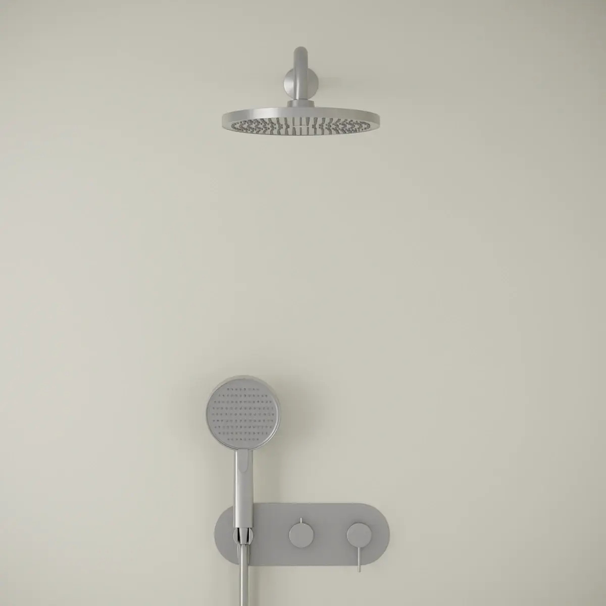 Set de douche encastré Madeleine finition PVD silver white, incluant la douche de tête ronde et le mitigeur sur plaque