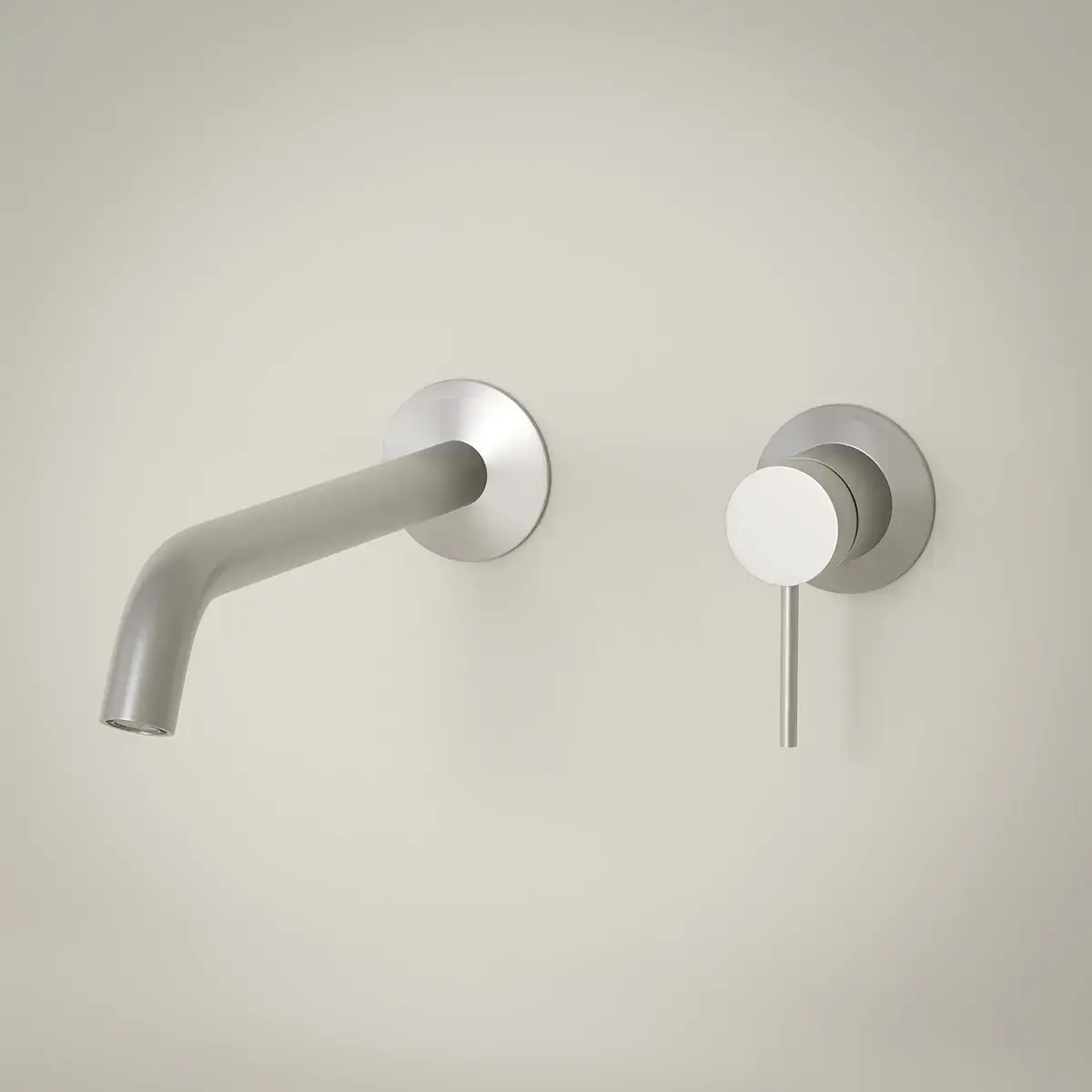Mitigeur de lavabo mural encastré Madeleine finition PVD silver white, avec bec verseur et commande à levier sur rosaces indépendantes