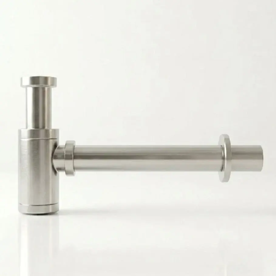 Siphon tubulaire de lavabo en acier inoxydable avec clapet et tubes de finition PVD silver white.