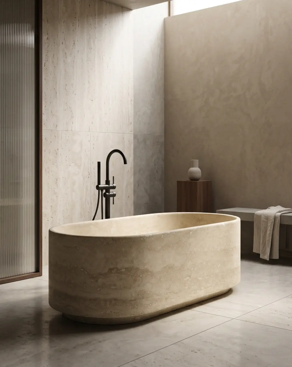 Baignoire îlot oblongue en pierre naturelle Travertin beige Caïques, design moderne et élégant dans une salle de bain contemporaine