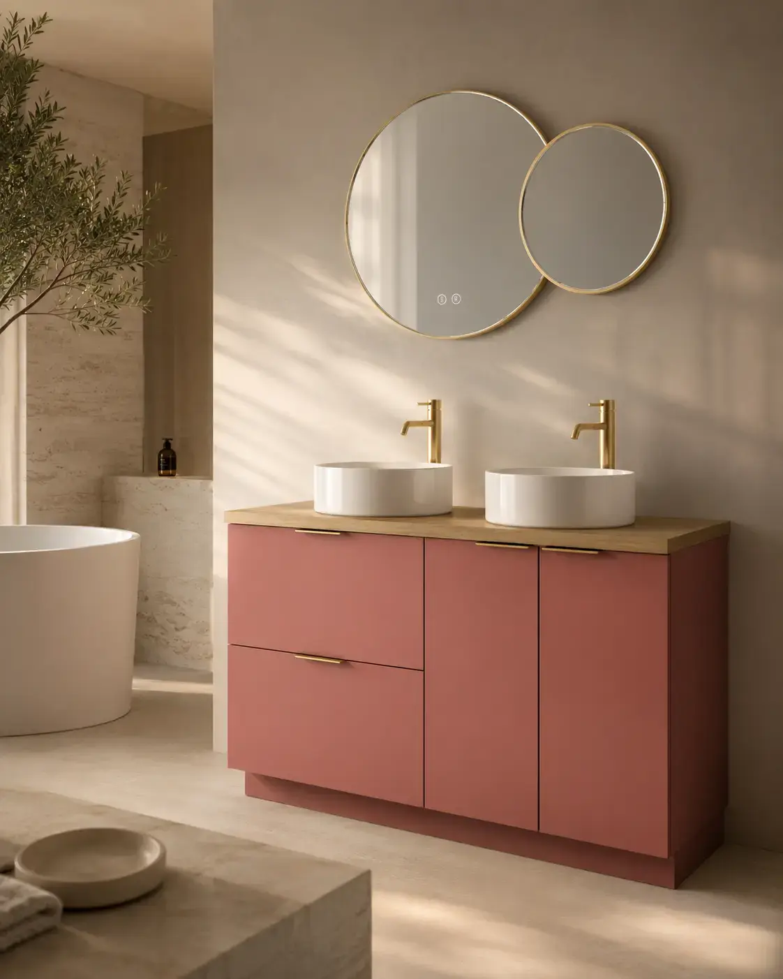 Meuble 120 cm Rouge argile, plan aspect chêne clair, 2 tiroirs et 2 portes Alma