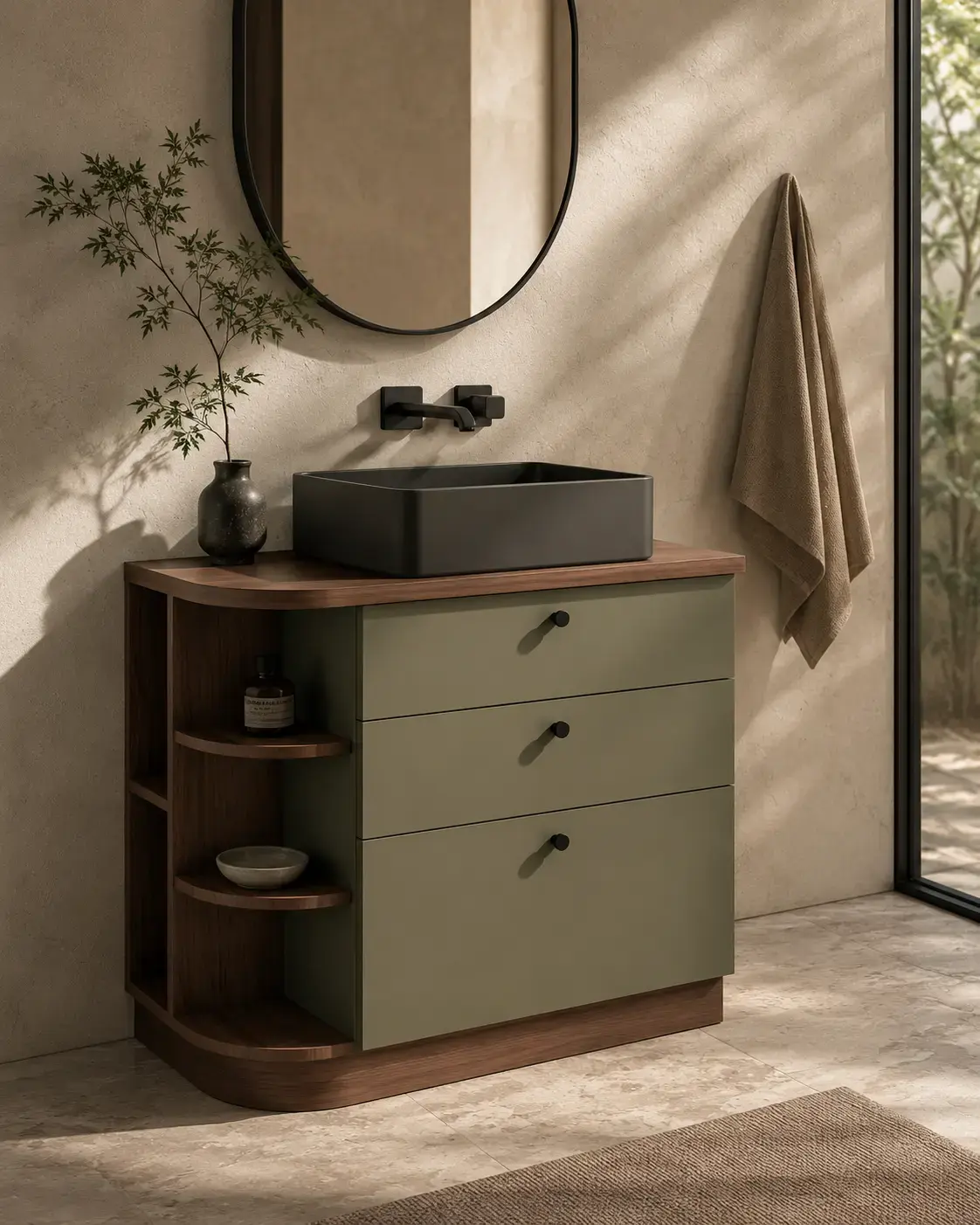 Meuble à poser 100 cm, vert olive et bois noyer, bord arrondi, Alma