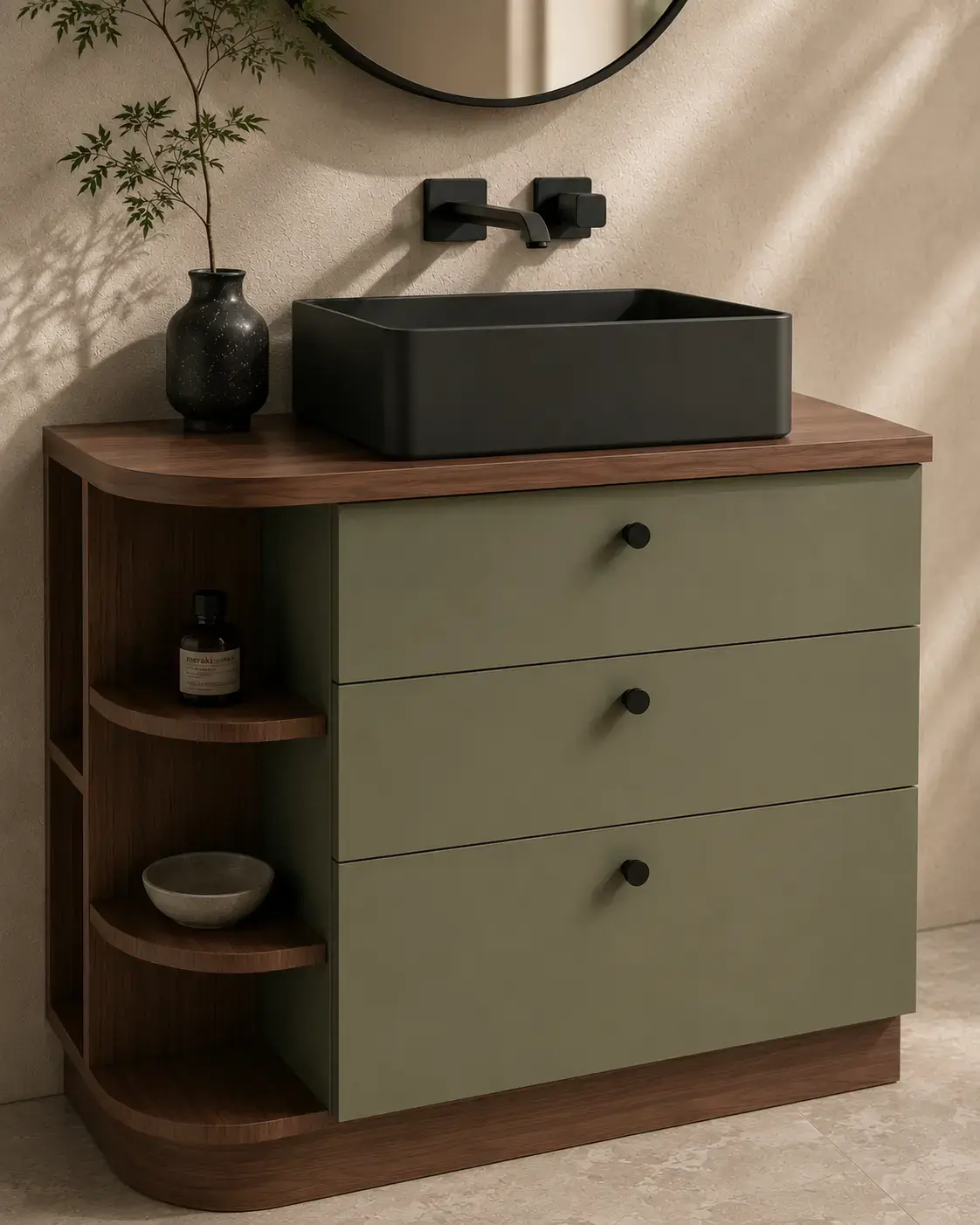 Meuble à poser 100 cm, vert olive et bois noyer, bord arrondi, Alma