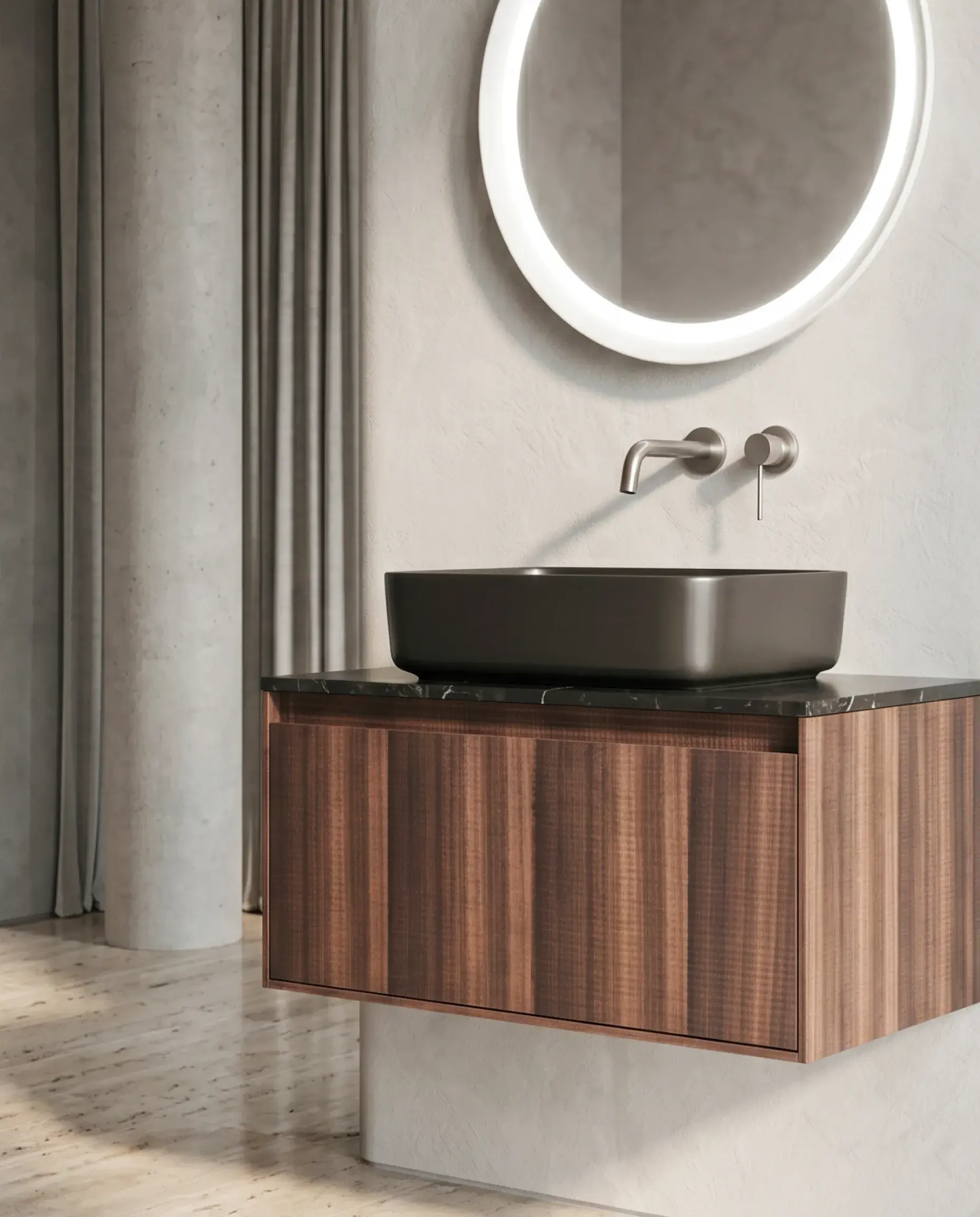 Meuble bois, 80cm avec plan marbre nero marquina et vasque noire mate, Molene