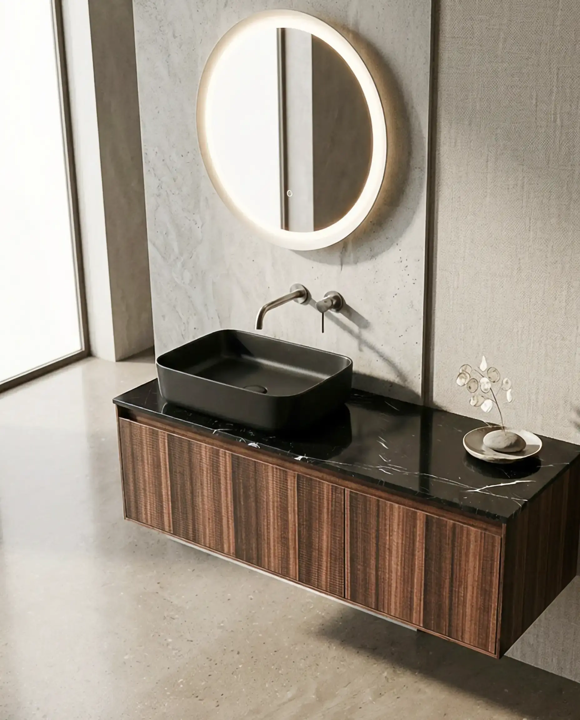Meuble bois, 120cm avec plan marbre nero marquina et vasque noire mate, Molene 