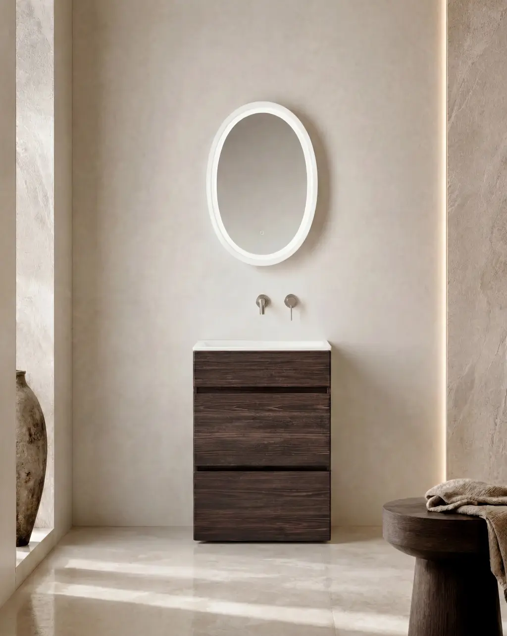 Meuble vasque Léman de 65 à 145 cm en finition noyer avec vasque en résine blanche, disponible seul ou avec un ou deux caissons de rangement supplémentaires.