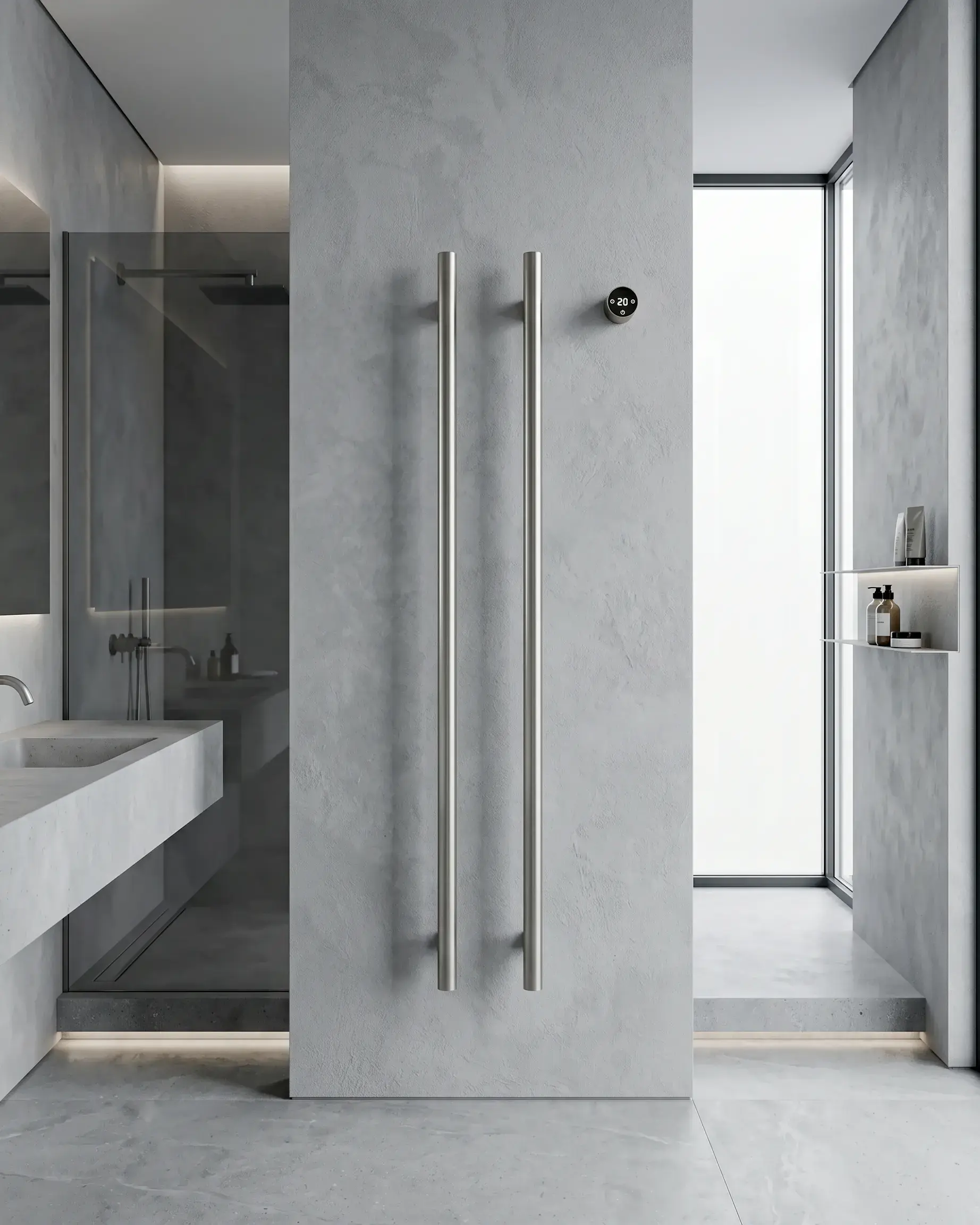 Sèche-serviettes mural 90W double tubes verticaux inox brossé