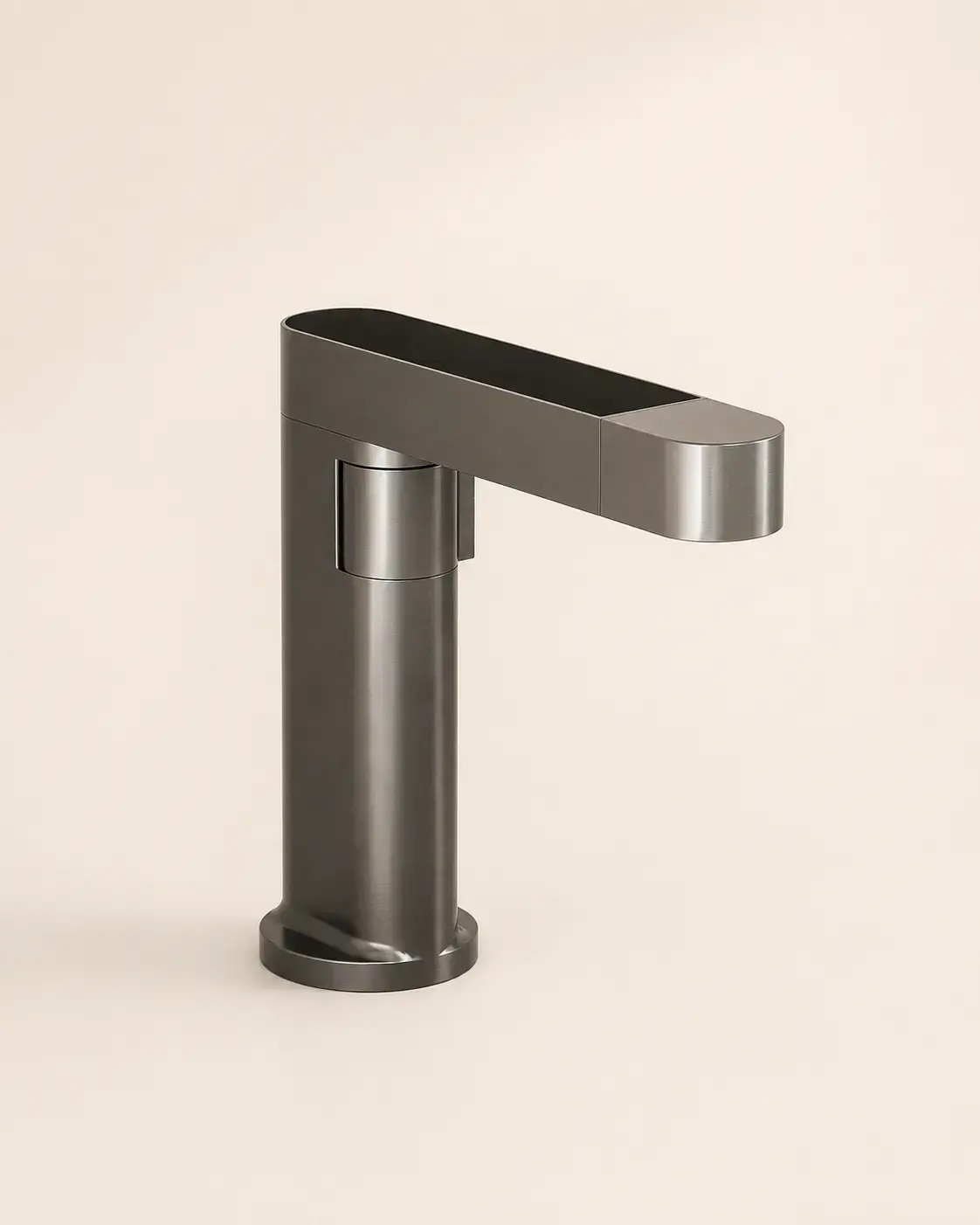Mitigeur lavabo avec bec rotatif et extractible avec affichage digital par recharge, gun metal, Waterled - silhouette géométrique en finition noire satinée, bec pivotant et extractible pour une flexibilité optimale, affichage digital élégant à rechargement USB alliant technologie discrète et esthétique contemporaine