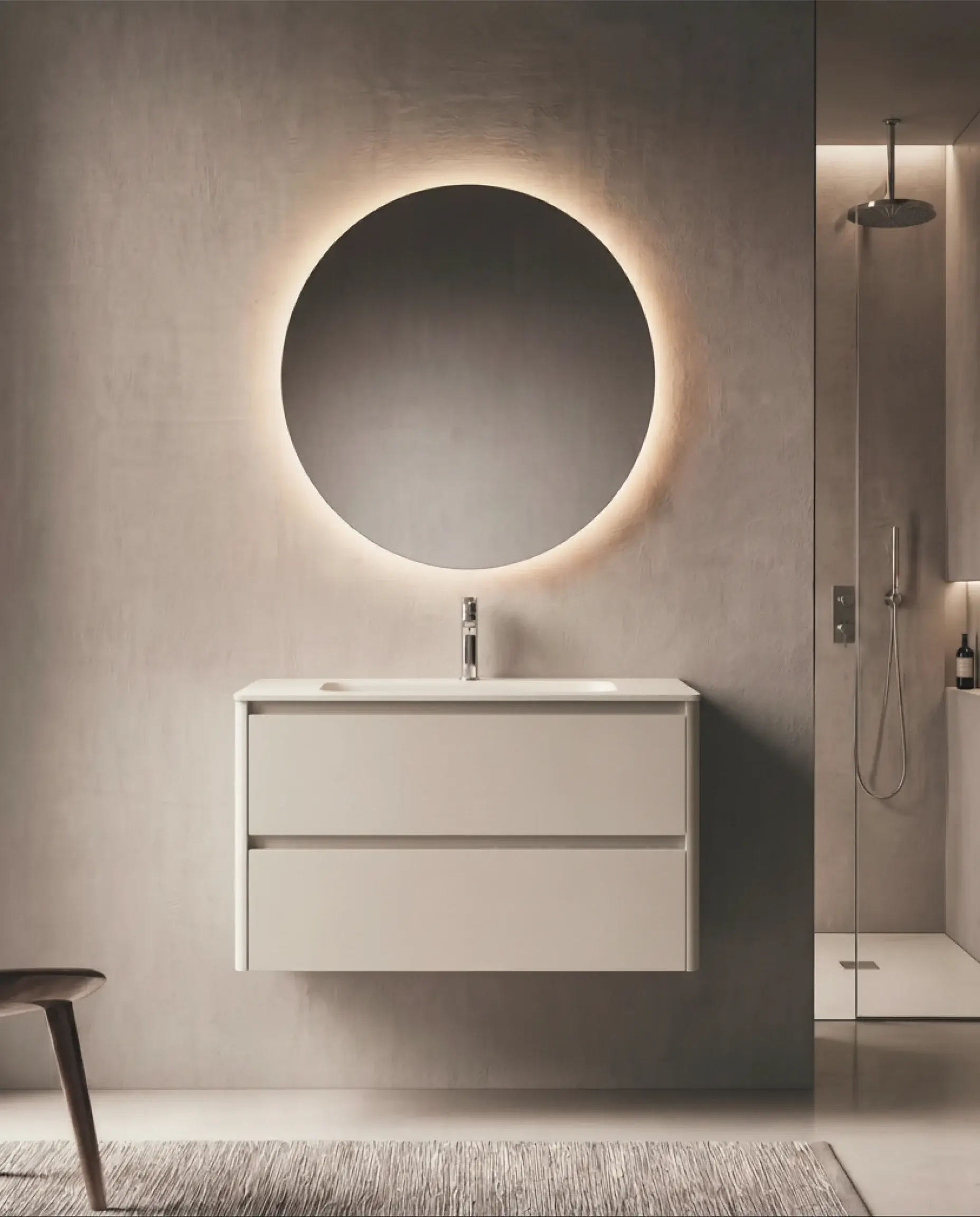 Grand meuble de salle de bain laqué beige mat 100cm doté d'une vasque intégrée en solid surface modèle Vendome