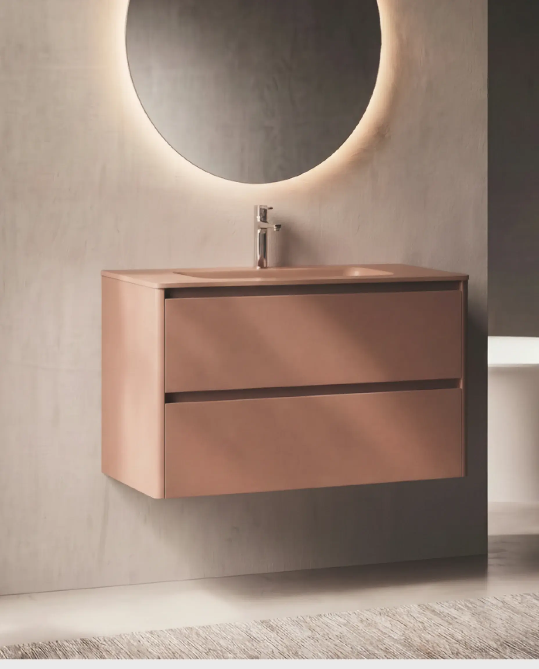 Meuble de salle de bain laqué terracotta mat 100cm avec grand plan vasque blanc en solid surface modèle Vendome