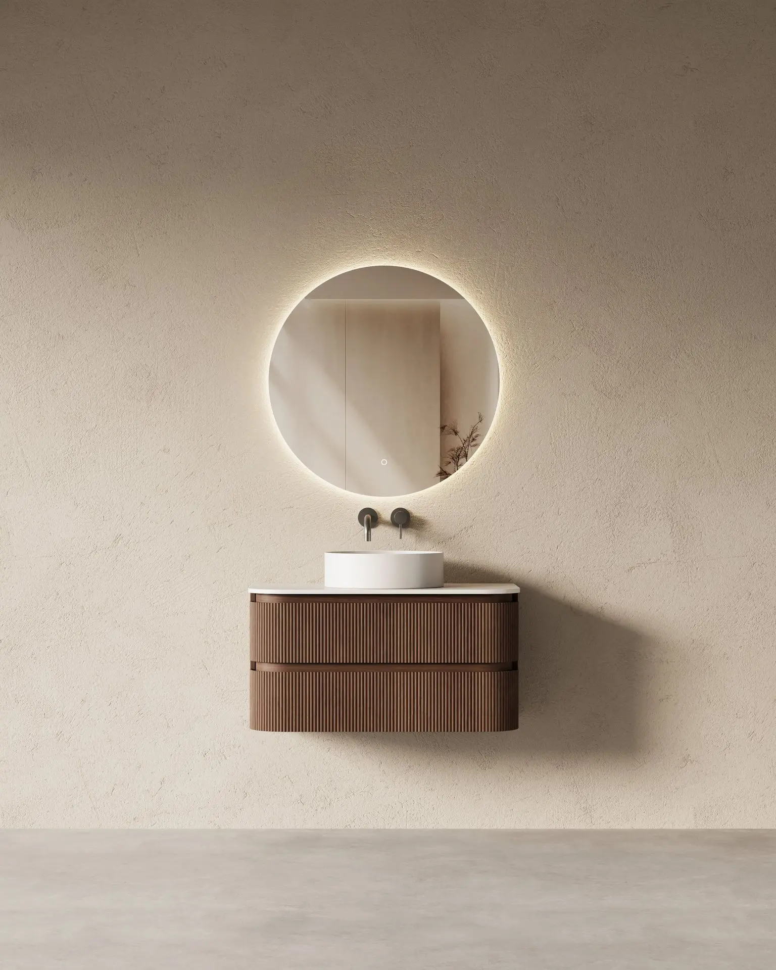  Meuble vasque arrondi suspendu en noyer 90 cm – Axel