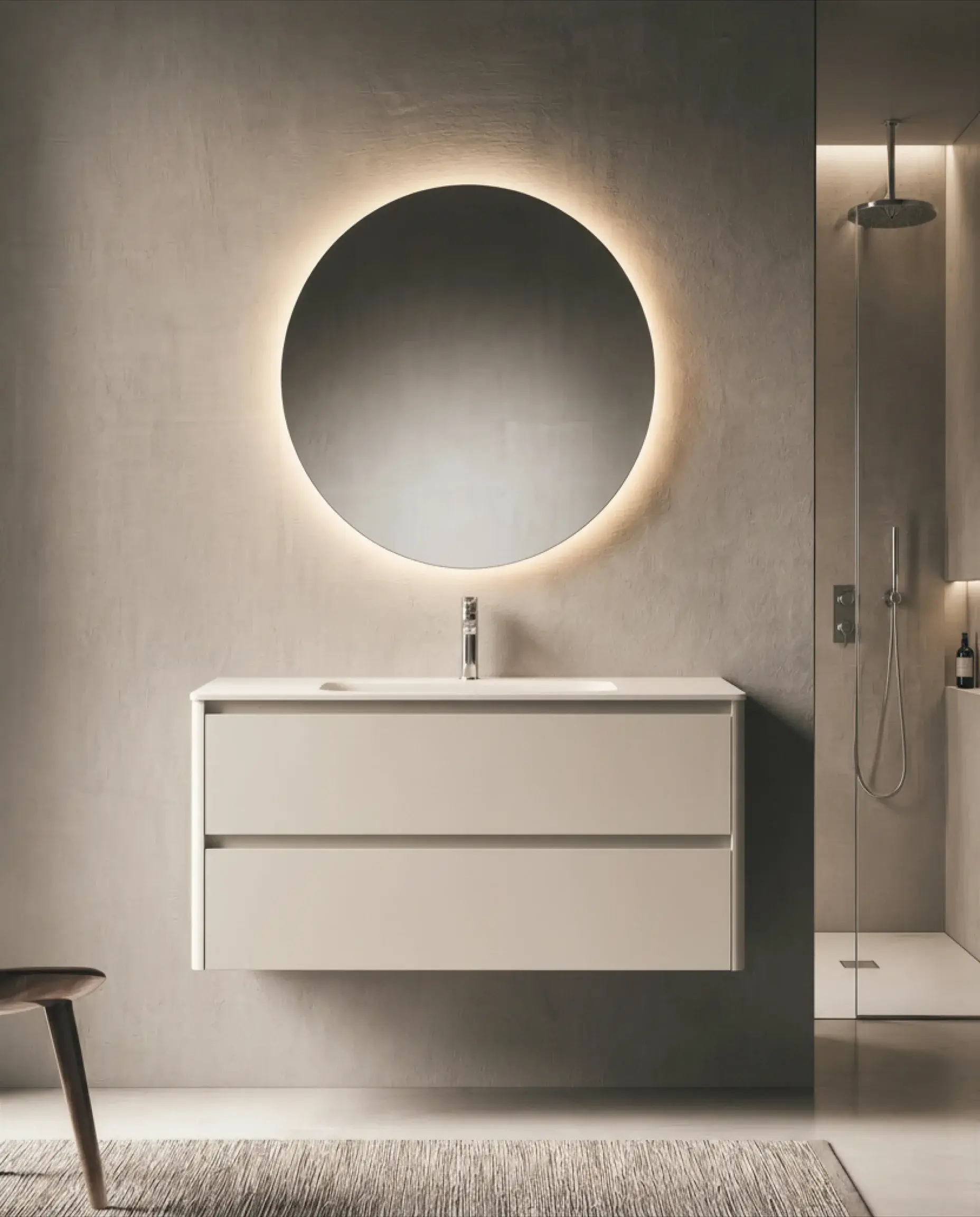 Meuble de salle de bain grande largeur laqué beige mat 120cm doté d'un grand plan vasque en solid surface modèle Vendome